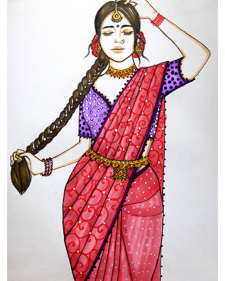 a drawing of a woman in a sari with her hair pulled into a braid