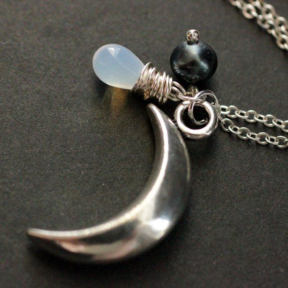 BLACK FRIDAY SALE Silver Moon Necklace. Crescent Moon Necklace with Opalite Teardrop and Midnight Bl Sterling Silver Teardrop Necklace With Moon Charm, Celestial Teardrop Sterling Silver Jewelry, Spiritual Silver Teardrop Charm Necklace, Spiritual Teardrop Moon Charm Jewelry, Spiritual Silver Moon Charm Necklace, Teardrop Moon Charm Necklace As Gift, Teardrop Necklace With Moon Charm As Gift, Handmade Teardrop Sterling Silver Charm Necklaces, Handmade Teardrop Sterling Silver Charm Necklace