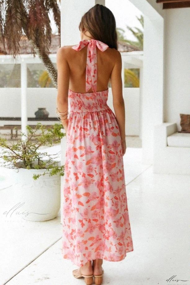 Elluis - Elegant Sleeveless Floral Print Dress for Women Sleeveless Midi Dress For Garden Party During Beach Season, Sleeveless Midi Dress For Summer Garden Party, Sleeveless Sundress For Summer Garden Party, Fitted Sleeveless Maxi Dress For Garden Party, Sleeveless Midi Dress For Garden Party And Beach Season, Pink Floral Print Sleeveless Dress For The Beach, Pink Floral Print Sleeveless Dress For Beach, Summer Sleeveless Lined Maxi Dress, Sleeveless Sundress For Garden Party And Beach Season