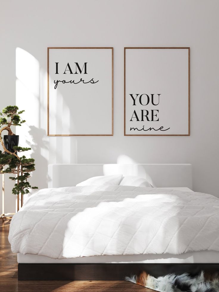 a bedroom with two posters on the wall and a bed in the foreground, next to a potted plant