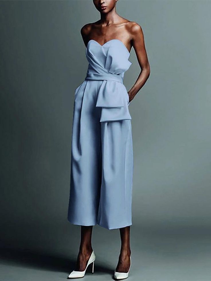 Sleeveless Elegant Strapless High Waist Jumpsuit In Solid Color, Elegant High Waist Strapless Jumpsuit, Elegant High-waist Strapless Jumpsuit, Elegant Strapless High Waist Jumpsuit, One Shoulder Jumpsuit For Summer, Chic Belted Jumpsuits And Rompers, Chic High Waist Jumpsuits And Rompers, Chic High Waist Strapless Jumpsuit, Off-shoulder Jumpsuits And Rompers For Evening Spring Events