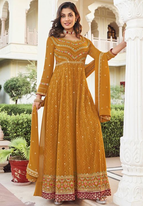 Mustard Embroidered Georgette Anarkali Suit - SMT18503 Yellow Colour Dress, Mustard Yellow Outfit, Georgette Anarkali Suits, Readymade Salwar Kameez, Georgette Anarkali, Long Anarkali, Anarkali Lehenga, Kameez Designs, Lehenga Gown