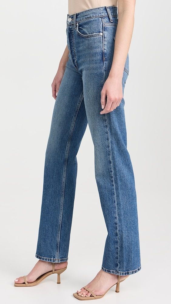 EB Denim High Rise Straight Jeans | Shopbop Classic Flare Jeans In Medium Wash Recycled Denim, Classic Denim Flare Jeans With Frayed Hem, Classic High Rise Denim Flare Jeans, Classic Straight Leg Jeans With Button Zip Fly, Straight Denim Jeans With Button Zip Fly, Trendy Straight Leg Jeans With Button Zip Fly, Classic Mid-rise Flare Jeans In Rigid Denim, Modern Mid-rise Rigid Denim Flare Jeans, Denim Flare Jeans With Five Pockets And Straight Hem