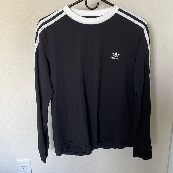 Never Worn!!! Classic Crew Neck Top With Three Stripes, Classic Adidas Cotton Tops, Classic Streetwear Tops With Three Stripes Branding, Classic Tops With Three Stripes Branding For Streetwear, Classic Three Stripes Tops For Streetwear, Black And White Crew Neck Tops For Spring, Classic White Top With Three Stripes, Classic White Tops With Three Stripes, Casual Long Sleeve Tops With Three Stripes