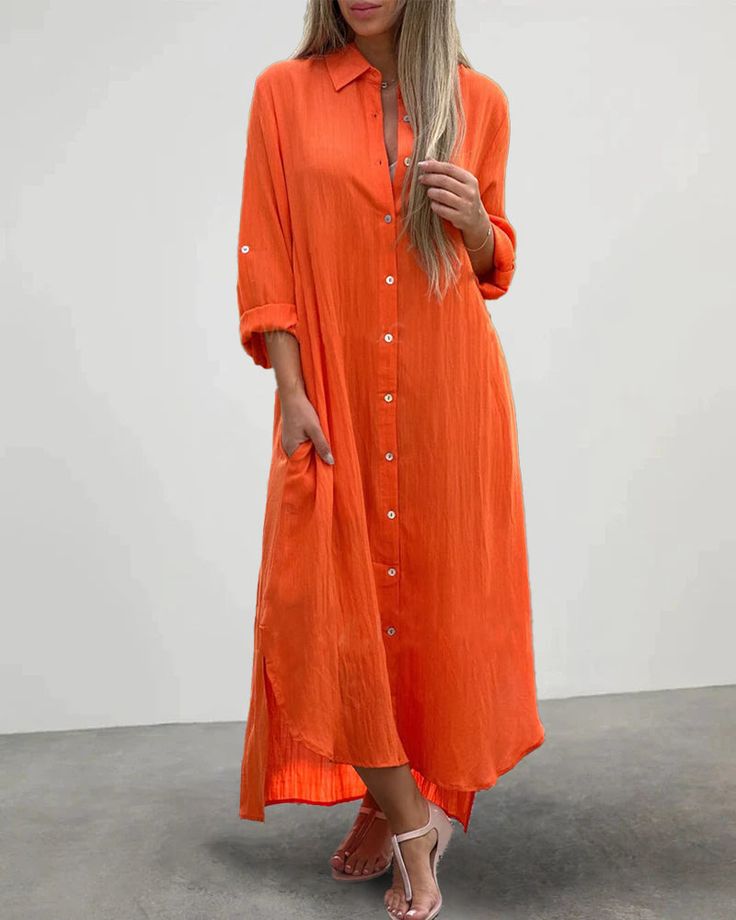 Casual Collar Button Pocket Long Sleeve Shirt Dress Spring Maxi Dress, Linen Shirt Dress, Sleeveless Long Dress, Beach Maxi Dress, Spring Women, Cargo Pants Women, Floral Print Shorts, Casual Skirt, Party Dress Long