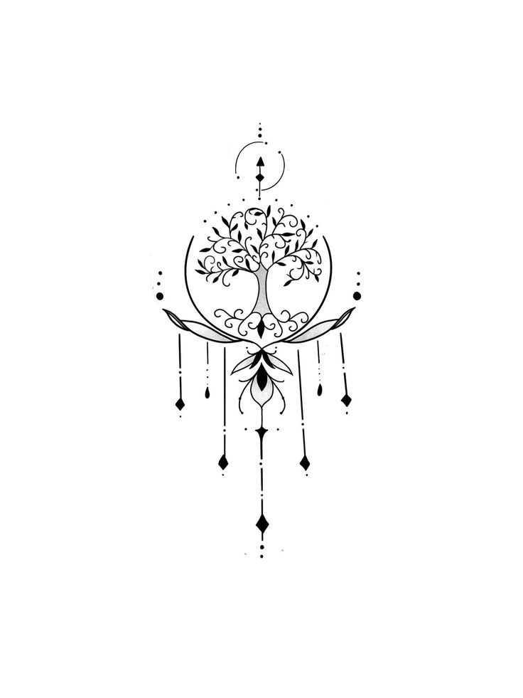 a drawing of a tree with hanging drops on it's branches and an arrow in the center