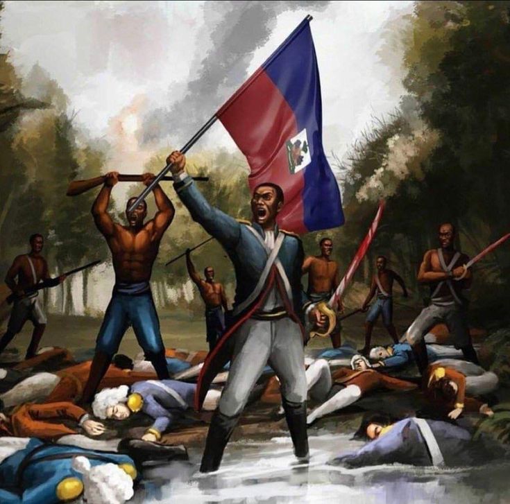 a painting of a man holding a flag in front of other men