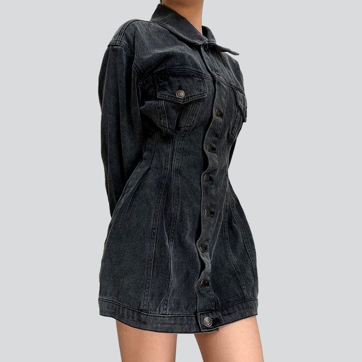 Introducing the 2023 Spring-Summer Collection's Single-breasted Mini Denim Dress ââ‚?a denim dream for the new age!Why You'll Love ItThis 90s-inspired denim dress is a chic blend of everlasting underground and contemporary modern. The stonewashed fabric and unique distressed pattern capture a natural and punkish edge while the sleek slim fit adds refinement. The zippered closure and stylish button duo ensure functionality and flair. making it the perfect day-to-night piece!Distinctive Features: Dark Wash Mini Dress With Pockets, Summer Cotton Denim Dress With Buttoned Pockets, Long Sleeve Dark Wash Mini Dress For Summer, Summer Denim Jacket With Buttoned Pockets, Trendy Mini Dress With Pockets, Summer Denim Button-up Jacket With Buttoned Pockets, Summer Button-up Denim Jacket With Buttoned Pockets, Fitted Cotton Denim Dress With Buttoned Pockets, Trendy Denim Mini Dress For Fall