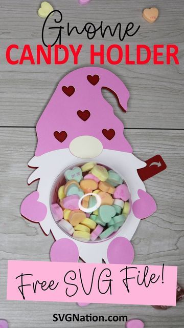 some candy in a bowl with the words gnome candy holder free svg file on it