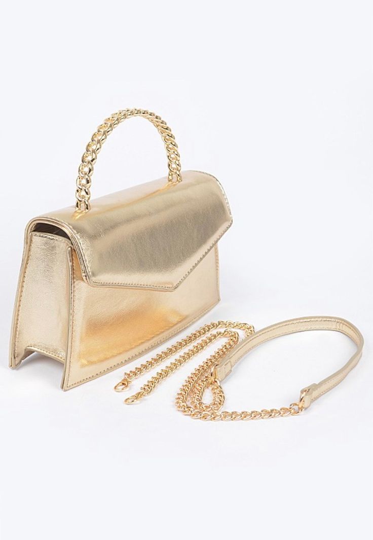 This Metallic Gold Vegan Leather Purse is a show-stopping powerhouse that will transform any look! Featuring a removable cross-body strap and a chic chain strap that turns it into a handbag, this handbag puts the "fun" in function. It's 8.5” x 5” x 2” of gold-plated Plyutherane and mixed material perfection. You'll shine brighter than a disco ball with this statement-making purse! Evening Handheld Flap Bag With Phone Pocket, Gold Crossbody Flap Bag For Mobile Phone, Gold Crossbody Flap Bag With Phone Pocket, Trendy Formal Crossbody Wallet On Chain, Top Handle Bag With Chain Strap For Night Out, Gold Flap Clutch Bag With Detachable Handle, Party Clutch Satchel With Chain Strap, Party Evening Bag With Chain Strap And Top Handle, Chic Gold Flap Bag With Detachable Handle