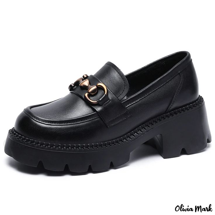 Olivia Mark - Handcrafted Genuine Leather Mary Jane Loafers with Platform Soles, Buckle Closure, Chunky Heels, and Thick Cushioned Insoles Types Of Loafers, Chunky Heel Loafers, Classic Shoes Women, Black Leather Shoes Women, High Heel Loafers, Loafer Heels, Chunky Loafer, Shoes For Spring, Heel Loafers