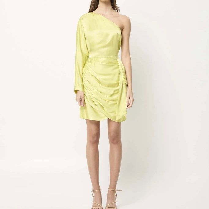 Silky, Chartreuse Cocktail Dress With One Shoulder Sleeve And Zipper Closure Chic Green Mini Dress For Dinner, Ruched Silk Dress For Spring Party, Silk A-line Dress For Brunch, Spring Silk Mini Dress For Cocktail, Spring Fitted Ruched Silk Dress, Spring Silk Asymmetrical Party Dress, Spring Silk Asymmetrical Dress For Party, Spring Party Silk Asymmetrical Dress, Silk One-shoulder Cocktail Dress