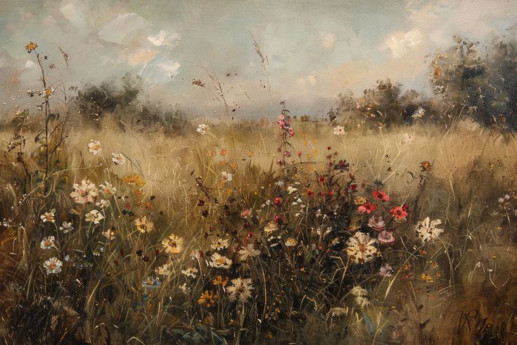 Vintage Oil Painting of Wildflowers Old English Landscape Paintings, Vintage Style Artwork, Vintage Art Horizontal, Old English Paintings, Pastoral Landscape Paintings, Vintage Garden Painting, Landscape Vintage Painting, Nature Paintings Aesthetic, Old Time Paintings