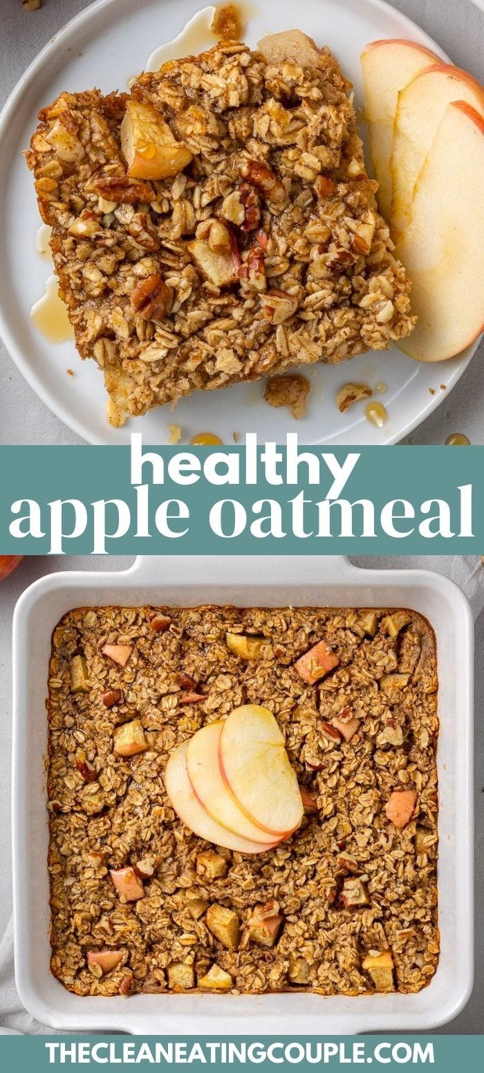 healthy apple oatmeal recipe with apples and granola in the bottom photo