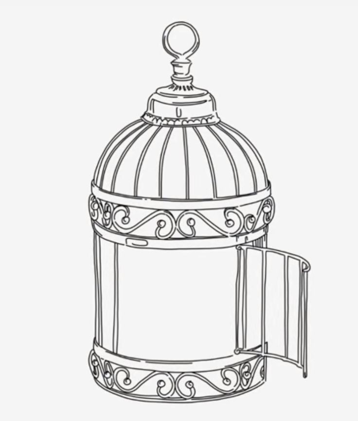 a drawing of a birdcage that is hanging from the ceiling and has an open top