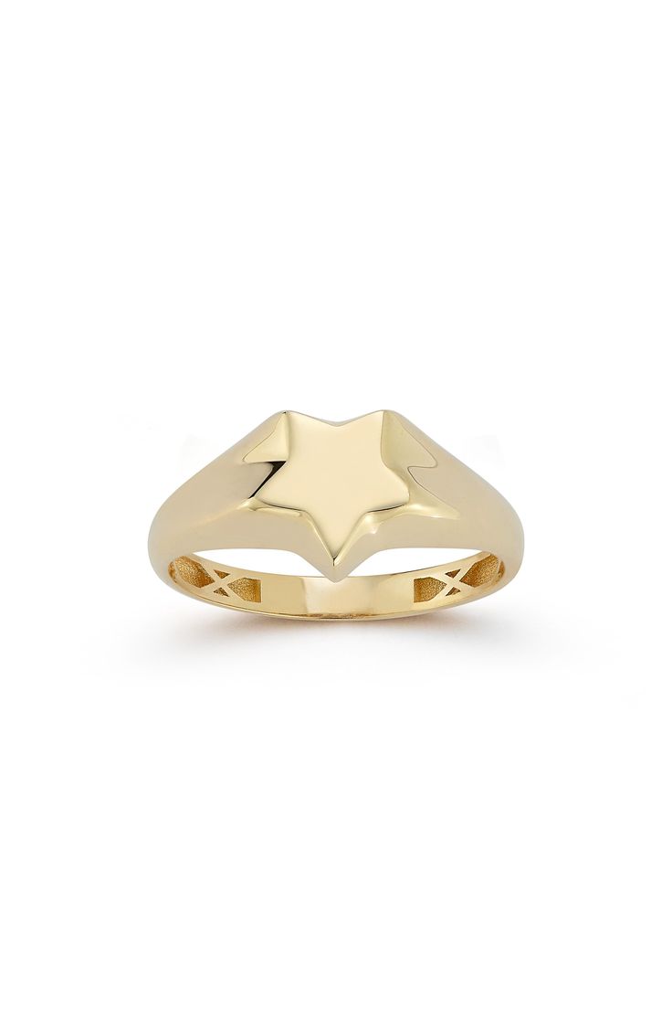 A star-shaped center draws the eye to a polished signet ring that's shaped from warm 14-karat gold. 2.2mm band width 14k gold Made in Turkey Star Signet Ring, Classic Star-shaped Formal Jewelry, Classic 14k Gold Star Shaped Signet Ring, Classic Star-shaped Signet Ring With Polished Finish, Classic Star Shaped Signet Ring With Polished Finish, Classic Polished Star Shaped Signet Ring, Star-shaped Yellow Gold Rings With Polished Finish, Classic Star-shaped Ring For Formal Occasions, 14k Gold Star Shaped Signet Ring With Polished Finish