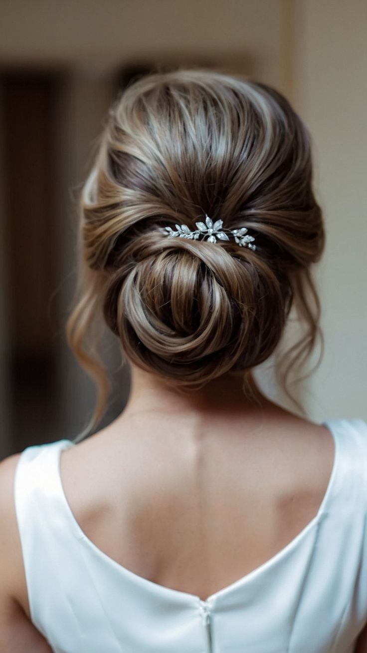 a woman wearing a white dress with a hair comb in her hair