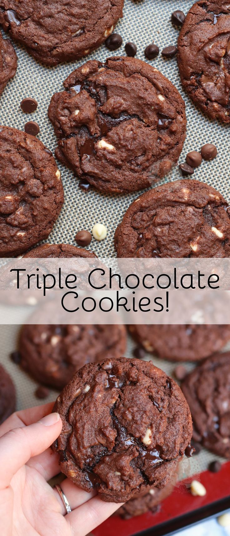 double chocolate cookies on a baking sheet with the words triple chocolate cookies in front and bottom