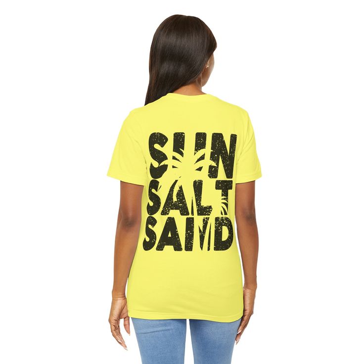 Embrace the essence of sun-kissed days and ocean breezes with our 'Sun, Salt, and Sand' shirt. Crafted for beach lovers and coastal adventurers, this tee is your perfect companion for lazy days by the shore or fun-filled beach outings. Featuring a soft, breathable fabric and a stylish design, this shirt captures the carefree spirit of summer. Whether you're strolling along the boardwalk or soaking up the sun's rays, our shirt ensures comfort and style all day long. Add a touch of seaside charm to your wardrobe and let the world know that you're all about sun, salt, and sand. Order yours today and make every day feel like a day at the beach! This classic unisex jersey short sleeve tee fits like a well-loved favorite. Soft cotton and quality print make users fall in love with it over and ove Casual Yellow T-shirt For Vacation, Beachwear Tops With Upf 50+ For Vacation, Spring Surfing Tops With Upf 50+, Beachwear Tops With Upf 50+ For Beach Season, Printed Yellow T-shirt For Vacation, Yellow Printed T-shirt For Vacation, Spring Upf 50+ Surfing Tops, Upf 50+ Beachwear Tops For Beach Season, Upf 50+ Tops For Beach Season