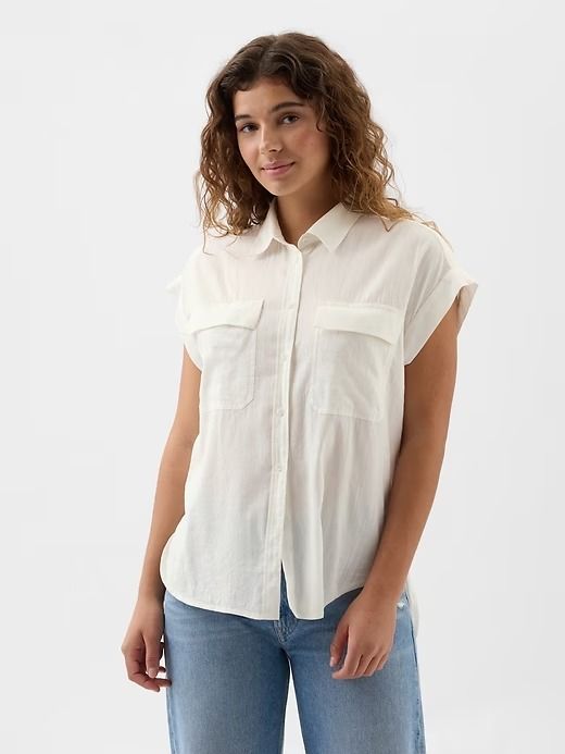 Utility Shirt | Gap Factory Casual Blouse With Roll-up Sleeves And Shirttail Hem, Casual Denim Blouse With Pockets, Casual Blouse With Pockets For Day Out, Casual Blouse With Rolled Sleeves And Shirttail Hem, Casual Tops With Buttoned Pockets For Day Out, Casual Blouse With Pockets For Gatherings, Casual Blouse With Pockets For Casual Gatherings, Casual Tops With Buttoned Pockets For Gatherings, Casual Tops With Buttoned Pockets