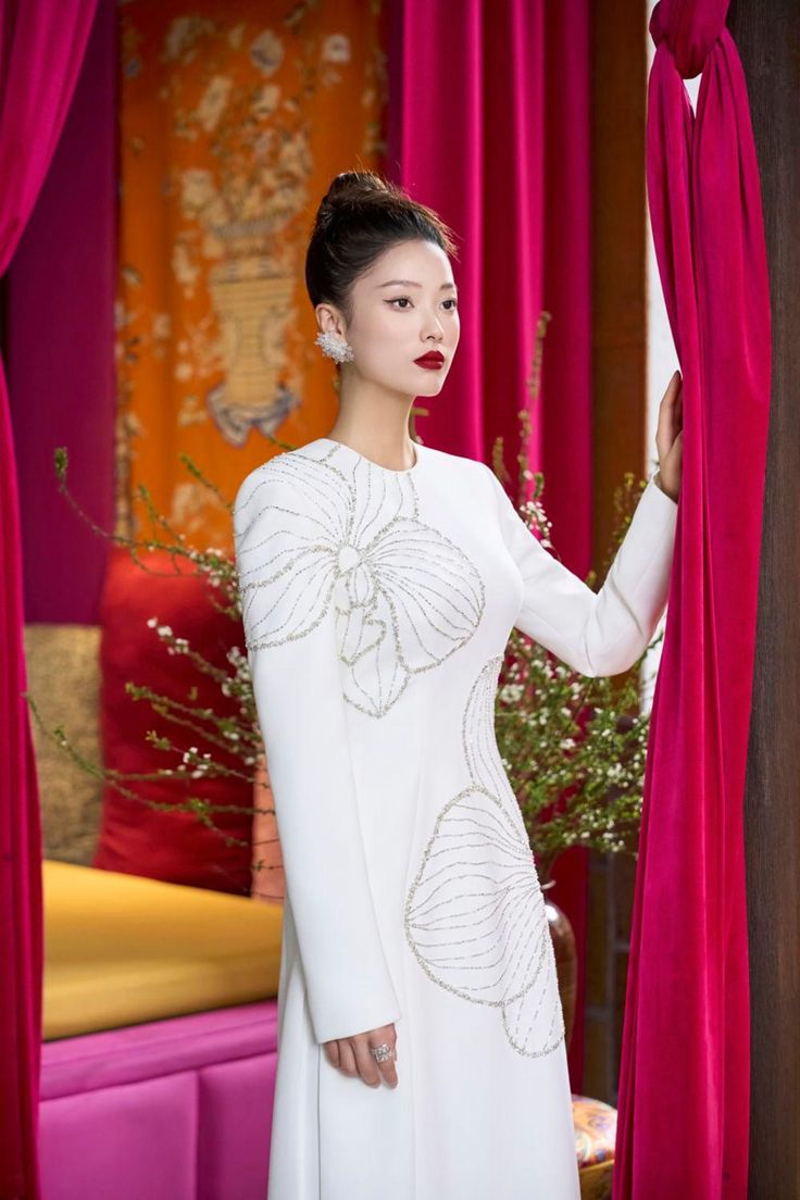 Lumins Sheath Round Neck Velvet Satin Floor Length Ao Dai | MEAN BLVD Luxury Long Sleeve Festive Evening Dress, White Festive Dress For Banquet, White Festive Banquet Dress, Festive White Banquet Dress, White Luxury Cocktail Evening Dress, Luxury White Cocktail Evening Dress, Elegant Silk Long Sleeve Ao Dai, Elegant Silk Ao Dai With Long Sleeves, Fitted Long Sleeve Evening Dress For Ceremony