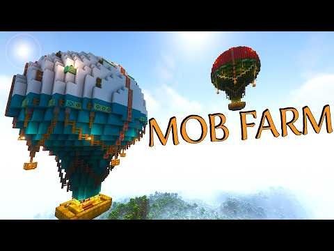 the words mob farm are in front of an image of two hot air balloons flying through the sky