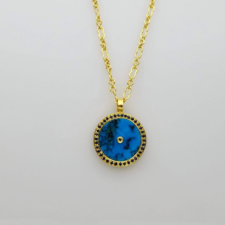 SIGNATURE TURQUOISE GOLD NECKLACE Blue Clavicle Chain Necklace, Luxury Turquoise Pendant Necklace, Turquoise Round Gold-plated Jewelry, Turquoise Gold-plated Round Jewelry, Luxury Blue Medallion Jewelry, Blue Coin Pendant Jewelry, Luxury Turquoise Round Necklace, Luxury Round Turquoise Necklace, Round 14k Gold Necklaces With Natural Stones