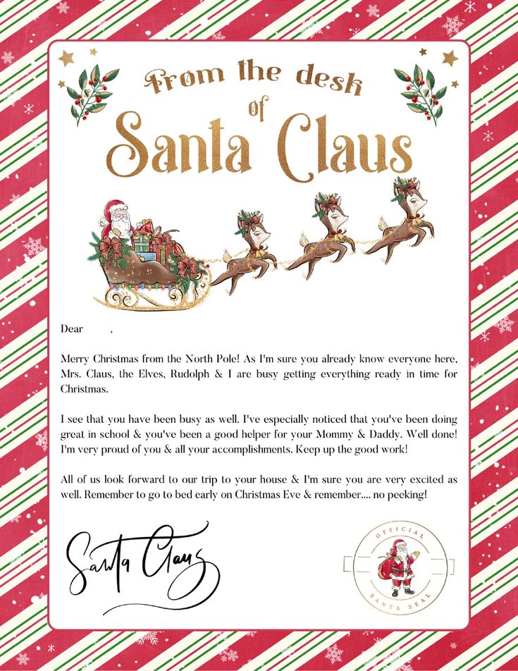 santa claus's sleigh and reindeers are featured in this christmas card