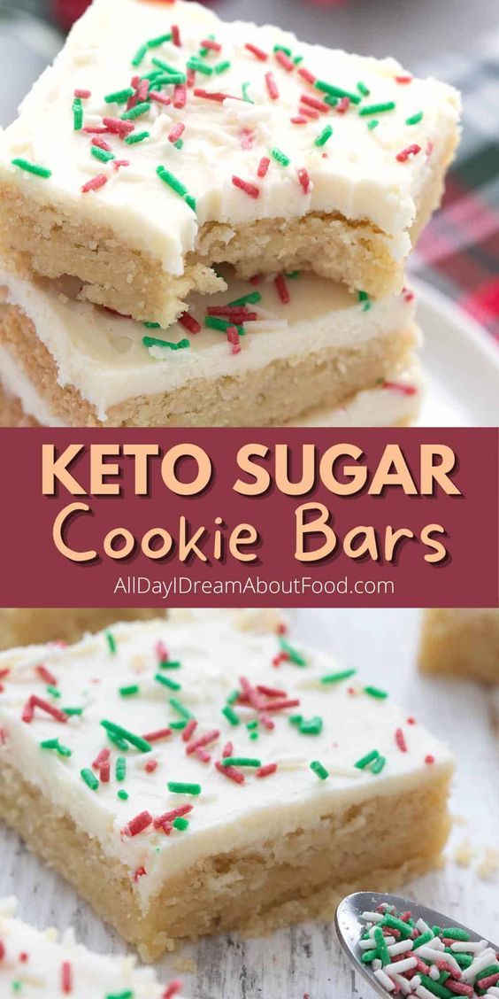 keto sugar cookie bars with white frosting and sprinkles on top