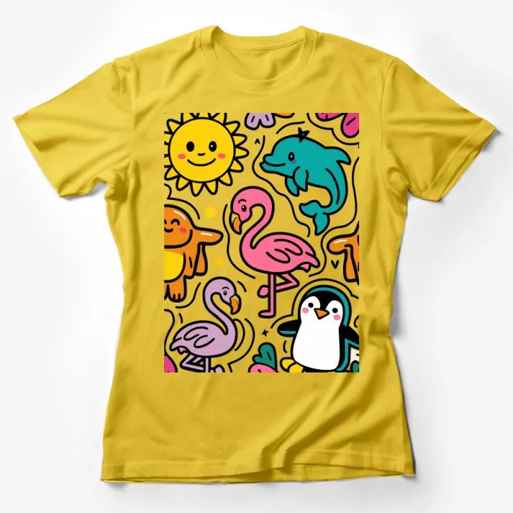 Cute Animal Cartoon T-Shirt, Colorful Flamingo, Dolphin, Penguin Kids Tee Female T-Shirt Custom graphic T-Shirt.Customize your color