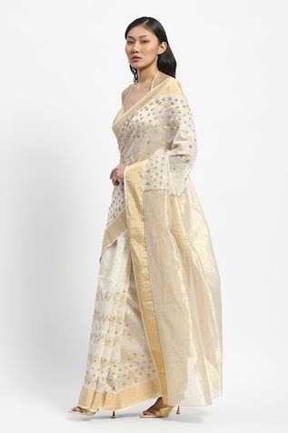 Ivory chanderi saree embroidered with golden threads and pearls. Comes with running blouse piece. - Aza Fashions Seoul Sunset, Satya Paul, Chanderi Saree, Sarees Online, Blouse Piece, Aza Fashion, Seoul, Free Size, Blouses For Women