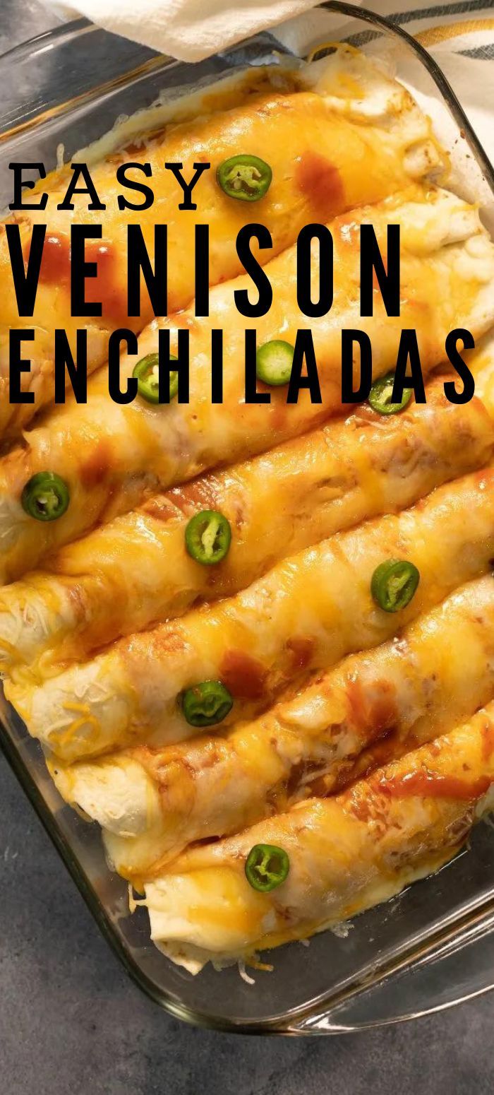 an easy enchiladas recipe in a glass casserole dish with the title overlay