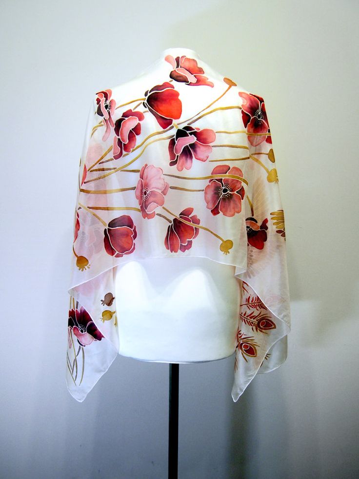 Neck scarf Firebird and Red Poppies  boho silk scarves hand White Silk Shawl Scarf, One Size, White Silk Scarf Shawl, Red One-size Shawl As Gift, White Silk Scarf As A Gift, White Silk Scarf For Gift, White One Size Silk Scarf For Gift, White Silk Shawl Scarf For Spring, White Silk Shawl Scarf For Summer, White One Size Silk Scarf For Summer