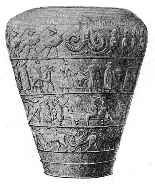 an old black and white drawing of a vase with animals on it's side