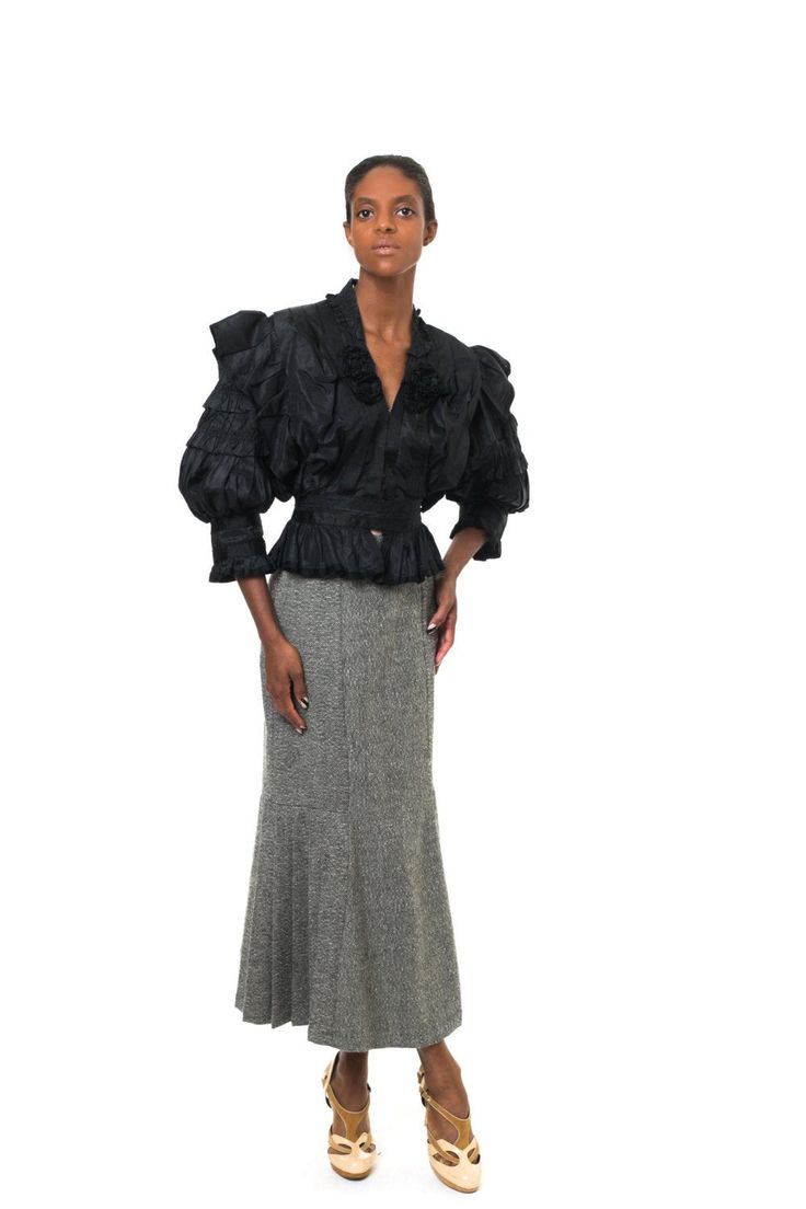 "Decade: 1800s. Material:Silk Taffeta .Vintage condition: fair Measurements in inches: Shoulder to Shoulder:16 Bust: 34 Waist: 24 Overall length: 21 SIZE generic:S SIZE US:S ON608 FREE U.S. DOMESTIC SHIPPING POLICIES Since vintage clothing is pre-worn and \"used\" keep in mind that they may have flaws and damages, that we may not have seen. When purchasing a used vintage apparel item it is normal to expect some natural wear of the item, due to the age of the garment and it is previous use. We st Vintage Bishop Sleeve Formal Blouse, Vintage Bishop Sleeve Blouse For Formal Occasions, Regency Style Victorian Dress With Ruffles For Formal Occasions, Regency Style Ruffled Victorian Evening Dress, Regency Style Victorian Dress With Ruffles For Evening, Fitted Silk Elegant Victorian Dress, Fall Fitted Victorian Dress With Ruffles, Fitted Ruffles Blouse For Costume, Fitted Ruffle Blouse For Costume