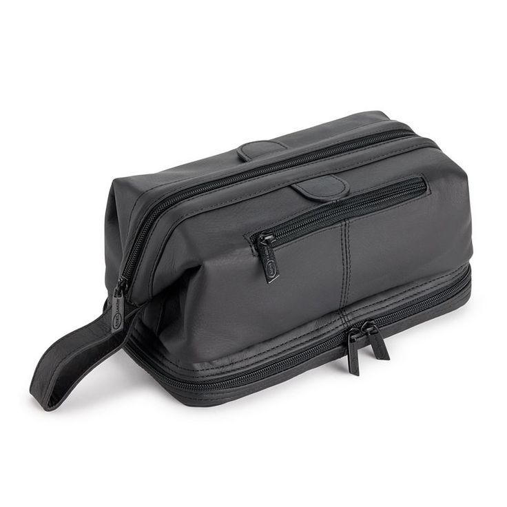 an empty black toilet bag on a white background