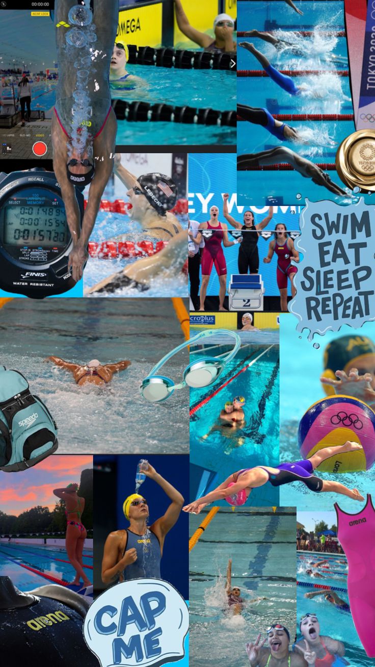 the collage shows people swimming and diving