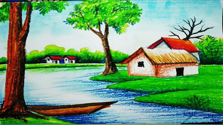 a drawing of a house next to a river