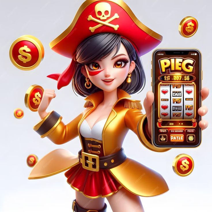 a woman in a pirate costume holding up a slot machine with coins coming out of it