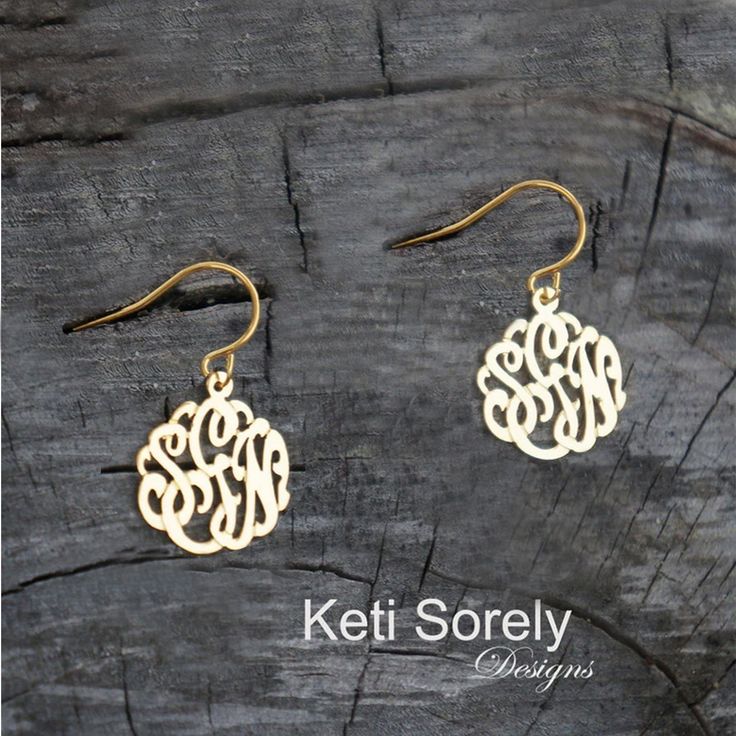 "Designs by Keti Sorely. This handmade initials earrings will spell out your initials in striking details. Crafted by our talented jewelers using old style craftsmanship. Special for yourself or for your loved ones! Metal:  Sterling Silver 0.925. Yellow gold over Stirling Silver Rose Gold over Sterling Silver Monogram size - optional from 1/2\" to 1.25\" --------Shipping------------- Allow 15 - 20 days for production." Personalized Dainty Rose Gold Earrings, Engraved Brass Earrings For Anniversary, Classic Round Engraved Earrings, Classic Pierced Brass Jewelry, Sterling Silver Engraved Earrings, Personalized Dainty 14k Gold Earrings, Sterling Silver Yellow Gold Monogram Jewelry, Yellow Gold Sterling Silver Monogram Jewelry, Engraved Yellow Gold Sterling Silver Earrings