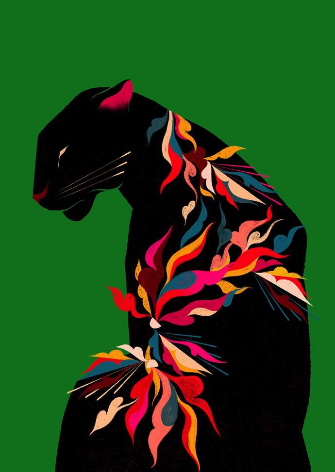 a painting of a black cat with multicolored feathers on its back and tail