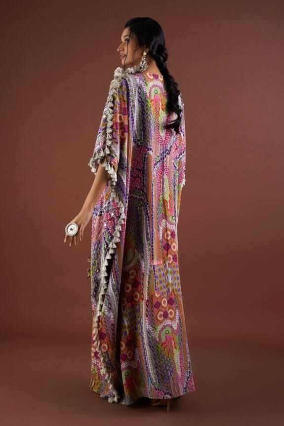 Multi colored longline kaftan in crepe base with African prints, embroidered highlights and thread tassel details. - Aza Fashions Festive Bohemian Georgette Maxi Dress, Bohemian Georgette Dress With Digital Print, Bohemian Georgette Dresses With Printed Motifs, Multicolor Embroidered Floor-length Kurta, Bohemian Long Georgette Dress, Embroidered Multicolor Floor-length Kurta, Long Bohemian Georgette Dresses, Festive Tasseled Maxi Dress, Multicolor Embroidered Silk Kaftan