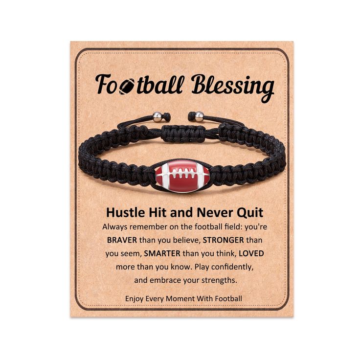 a black bracelet with a football on it that says,'football blessing hustle hit and never quit