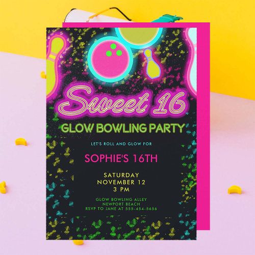 a neon glow bowling party poster on a pink and yellow background with confetti sprinkles