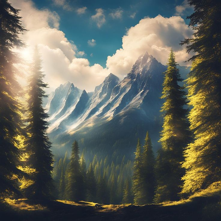 a painting of mountains and trees in the foreground