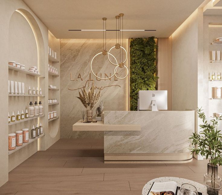 the interior of a beauty salon with marble counter tops