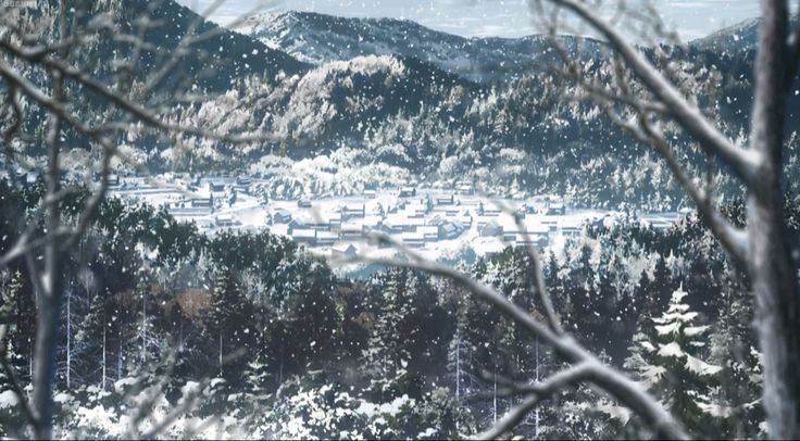 a snowy landscape with trees and buildings in the distance