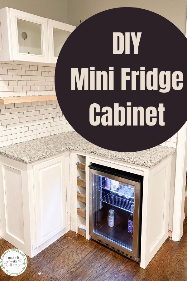 a mini fridge in the middle of a kitchen with text overlay that reads diy mini fridge cabinet