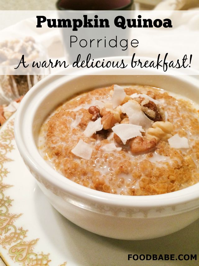 pumpkin quinoa porridge with walnuts and almonds in a white bowl