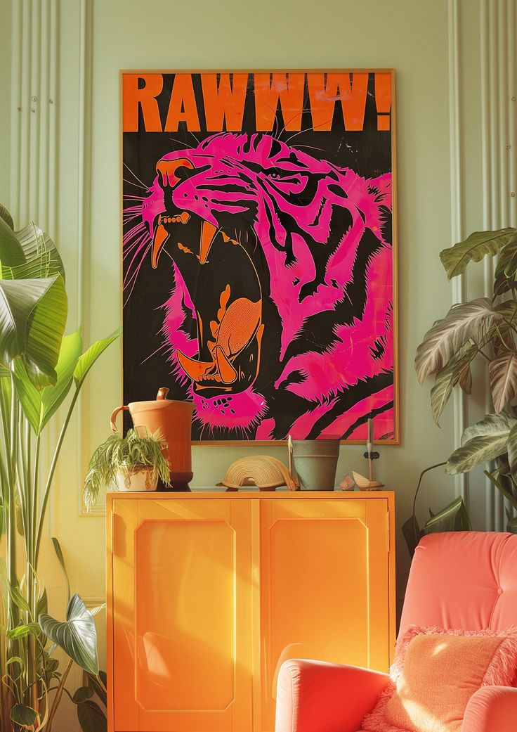 an orange and pink chair in front of a poster with the word raww on it